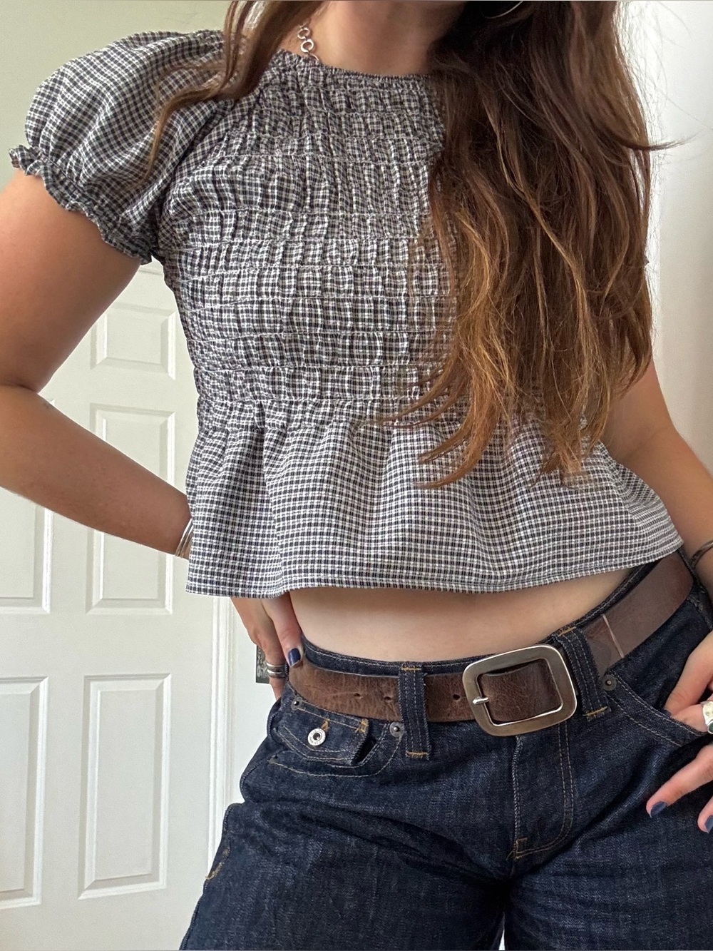 PacSun Black and White Gingham Smocked Puff Sleeve Top